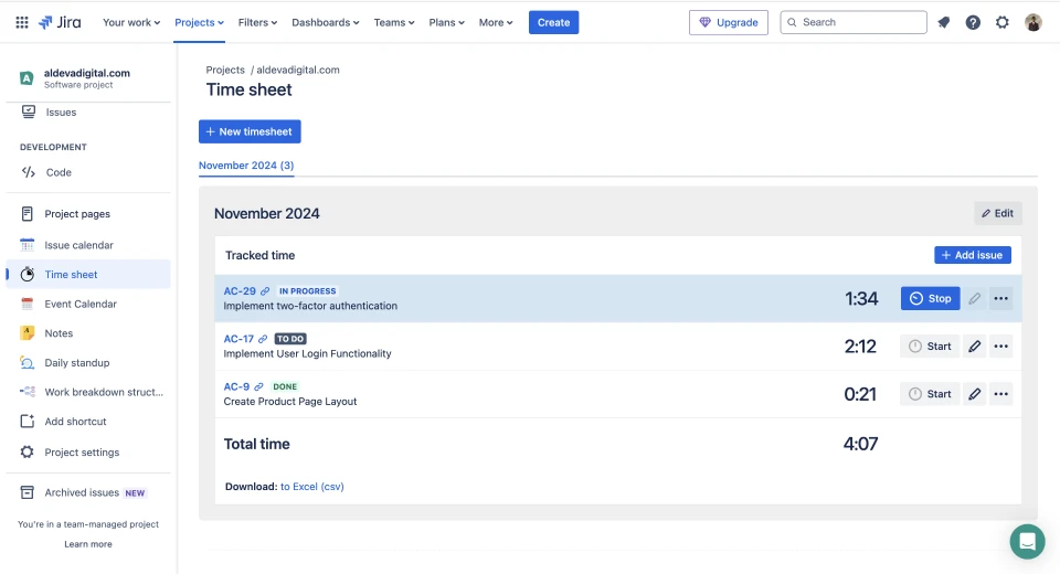 Time Sheets for Jira